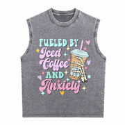 Fueled by Iced Coffee and Anxiety Coffee Lover Vintage Washed Tank Top in Gray