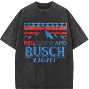 Red White and Busch Light American Flag Mountain Double Vintage Washed T-Shirt in Black