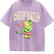 Frog on Mushroom Born to Dilly Dally Meme Vintage Washed T-Shirt in Purple