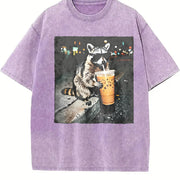Raccoon Drinking Iced Coffee vintage washed oversized T-shirt in Purple