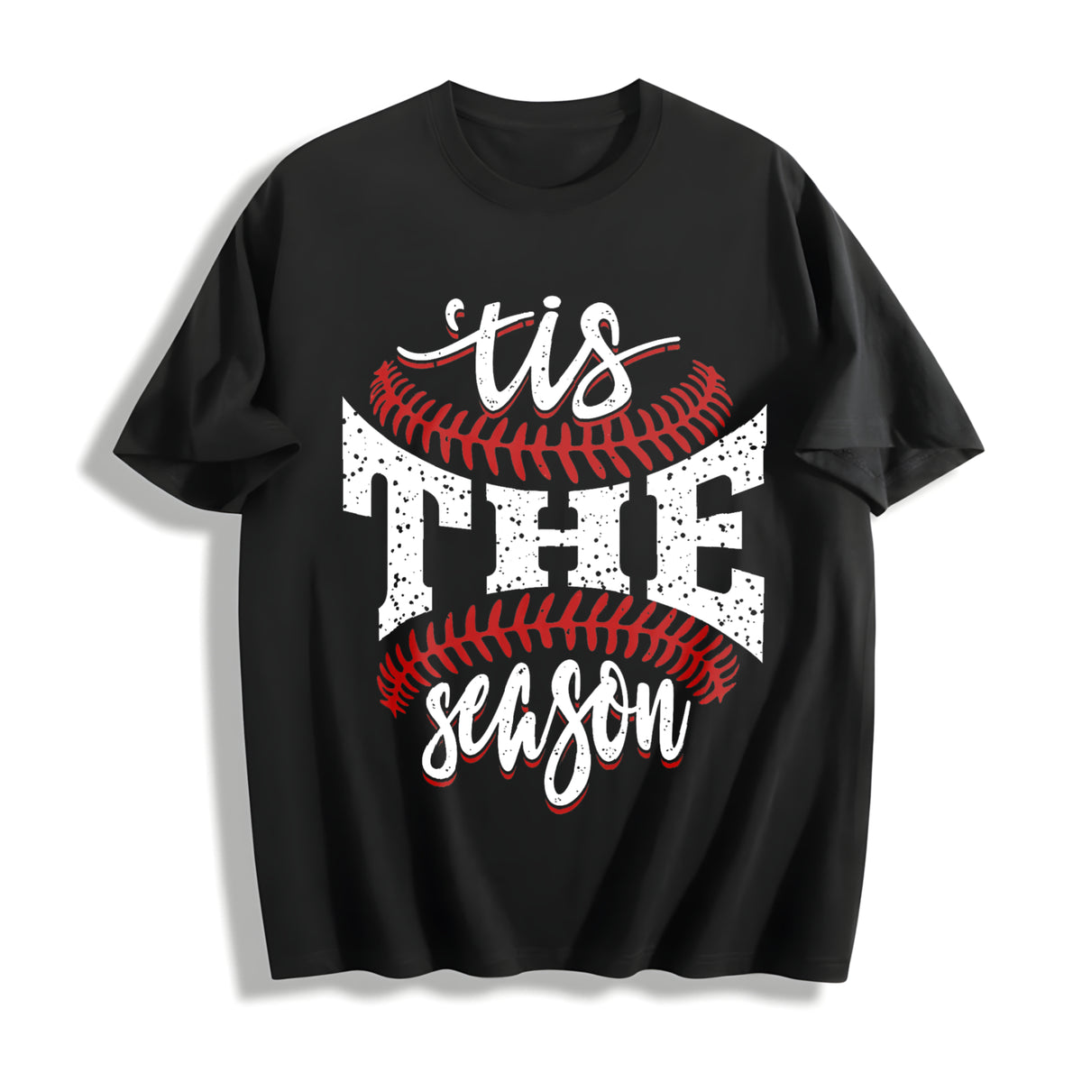 Sports Game Day Faux Glitter Tis the Season Baseball Cotton T-Shirt in Black
