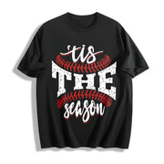Sports Game Day Faux Glitter Tis the Season Baseball Cotton T-Shirt in Black