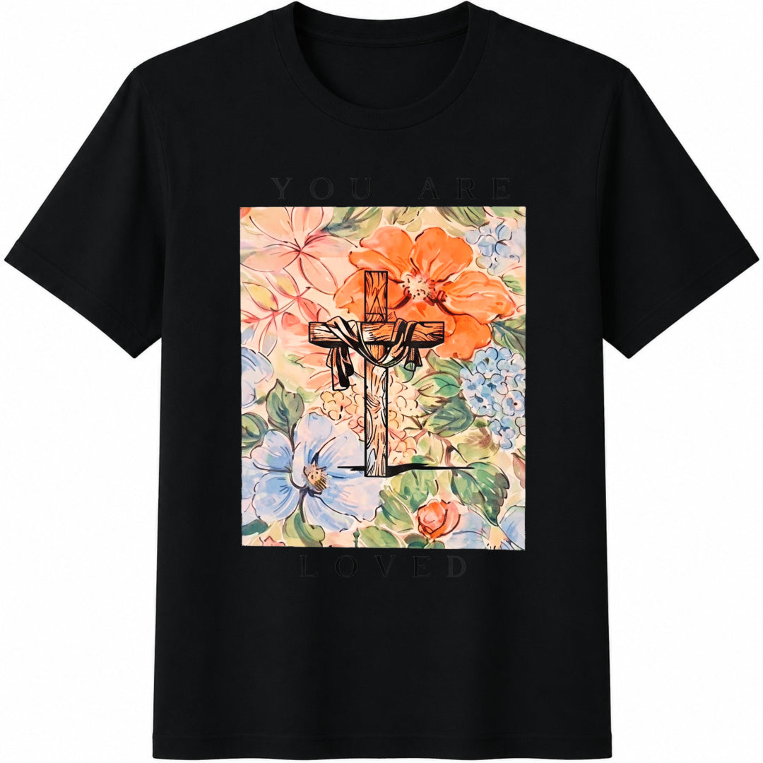 Loved Floral Cross Cotton T-Shirt in Black