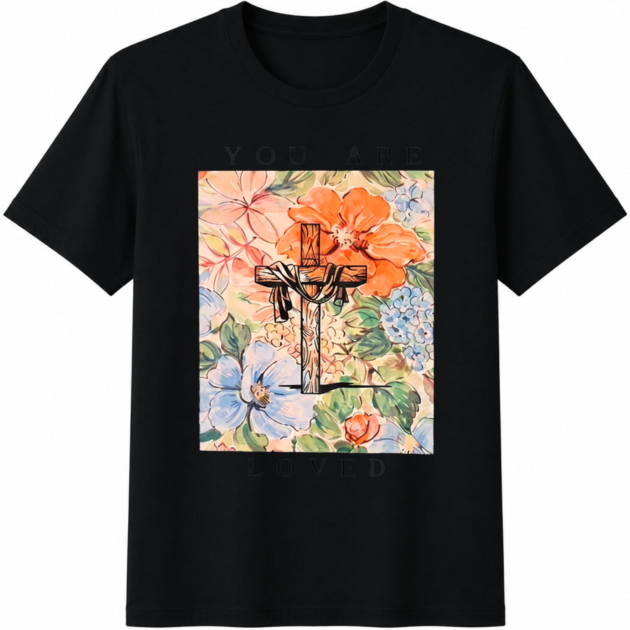 Loved Floral Cross Cotton T-Shirt in Black
