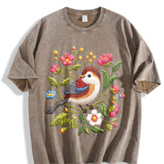 Embroidered- Bird & Floral Vintage Washed T-Shirt in Brown