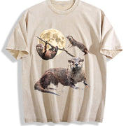 Otter Moon Retro River Otters Wildlife Vintage Washed T-Shirt in Beige