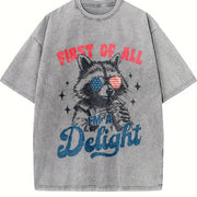 Retro First of All I'm a Delight Raccoon 4th of July 90s Vintage Washed T-Shirt in Gray