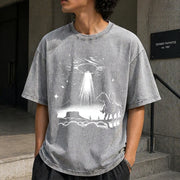 Cowboy UFO Western Lover Vintage Washed T-Shirt in Gray