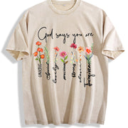 A Plant Floral Letter Faith Vintage Washed T-Shirt in Beige