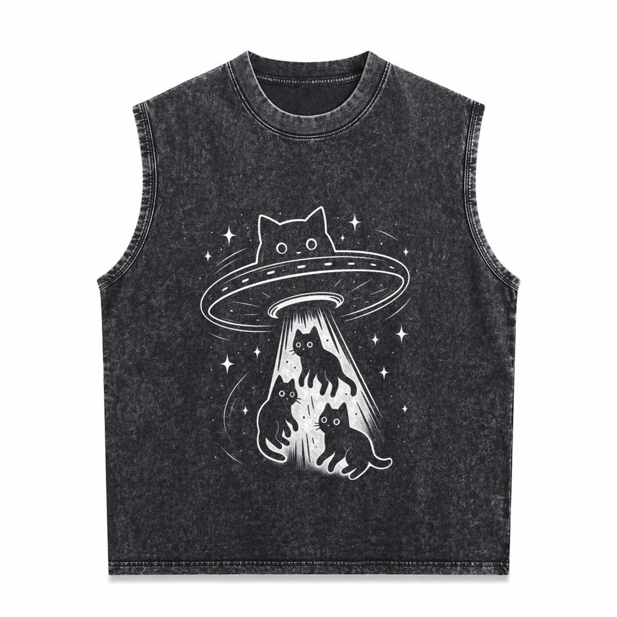 Cat UFO Cute Kitty Space Spaceship Alien Vintage Washed Tank Top in Black