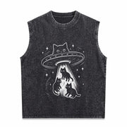 Cat UFO Cute Kitty Space Spaceship Alien Vintage Washed Tank Top in Black