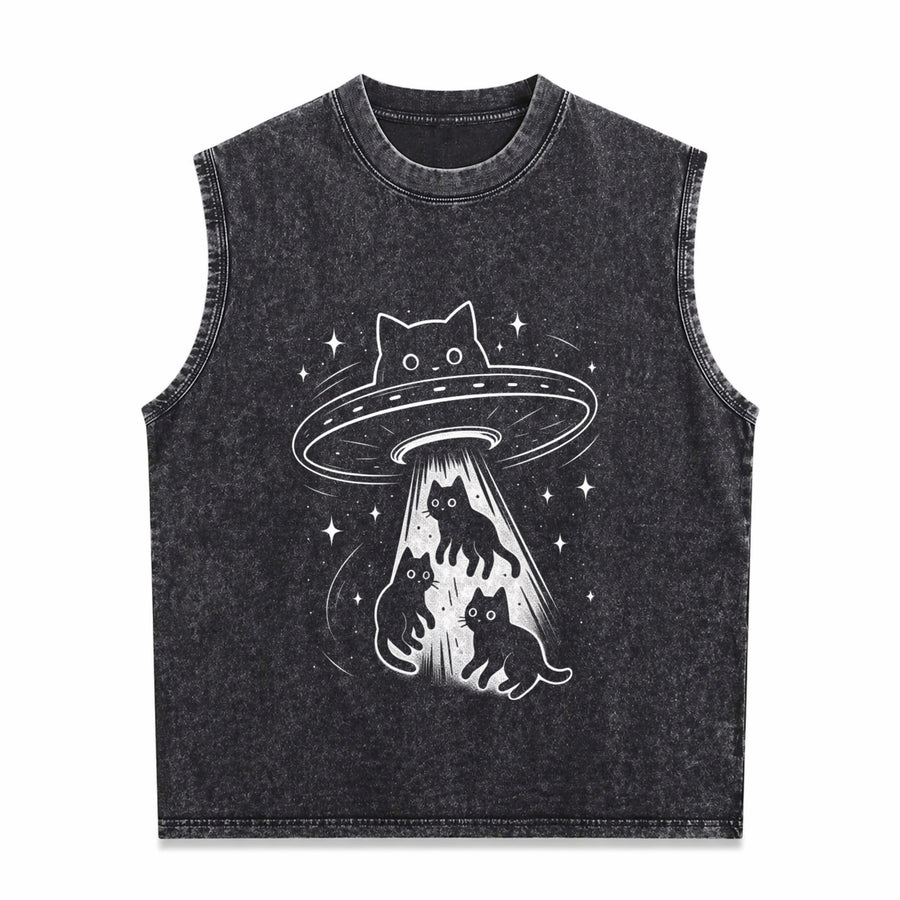 Cat UFO Cute Kitty Space Spaceship Alien Vintage Washed Tank Top in Black