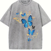 Elegant Blue Butterfly for Nature Enthusiasts vintage washed oversized T-shirt in Gray