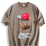 Red Fist and Golden Ring Gestures Vintage Washed T-Shirt in Brown
