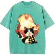 Explosion Cat Vintage Washed T-Shirt in Blue