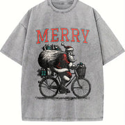 Retro Merry Santa Riding Bike 90s Vintage Washed T-Shirt in Gray