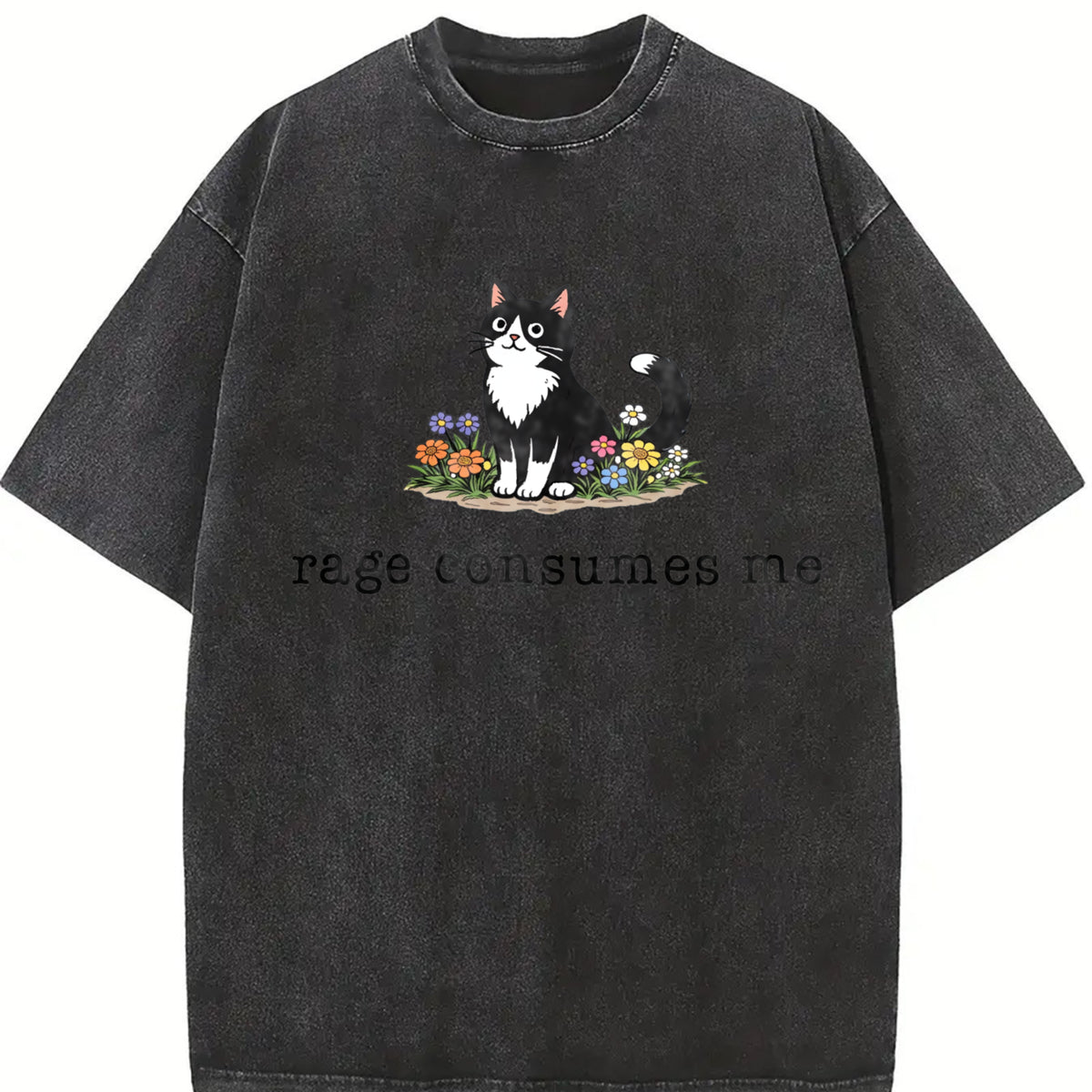 Cat Meme Rage Consumes Me Vintage Washed T-Shirt in Black