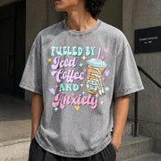 Fueled by Iced Coffee and Anxiety Coffee Lover Vintage Washed T-Shirt in Gray