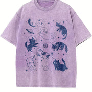Retro Cats in Space with Stars and Planets 90s Vintage Washed T-Shirt in Purple