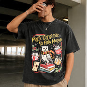 Merry Christmas Ya Filthy Retro Wizard Holiday Wizard Vintage Washed T-Shirt in Black