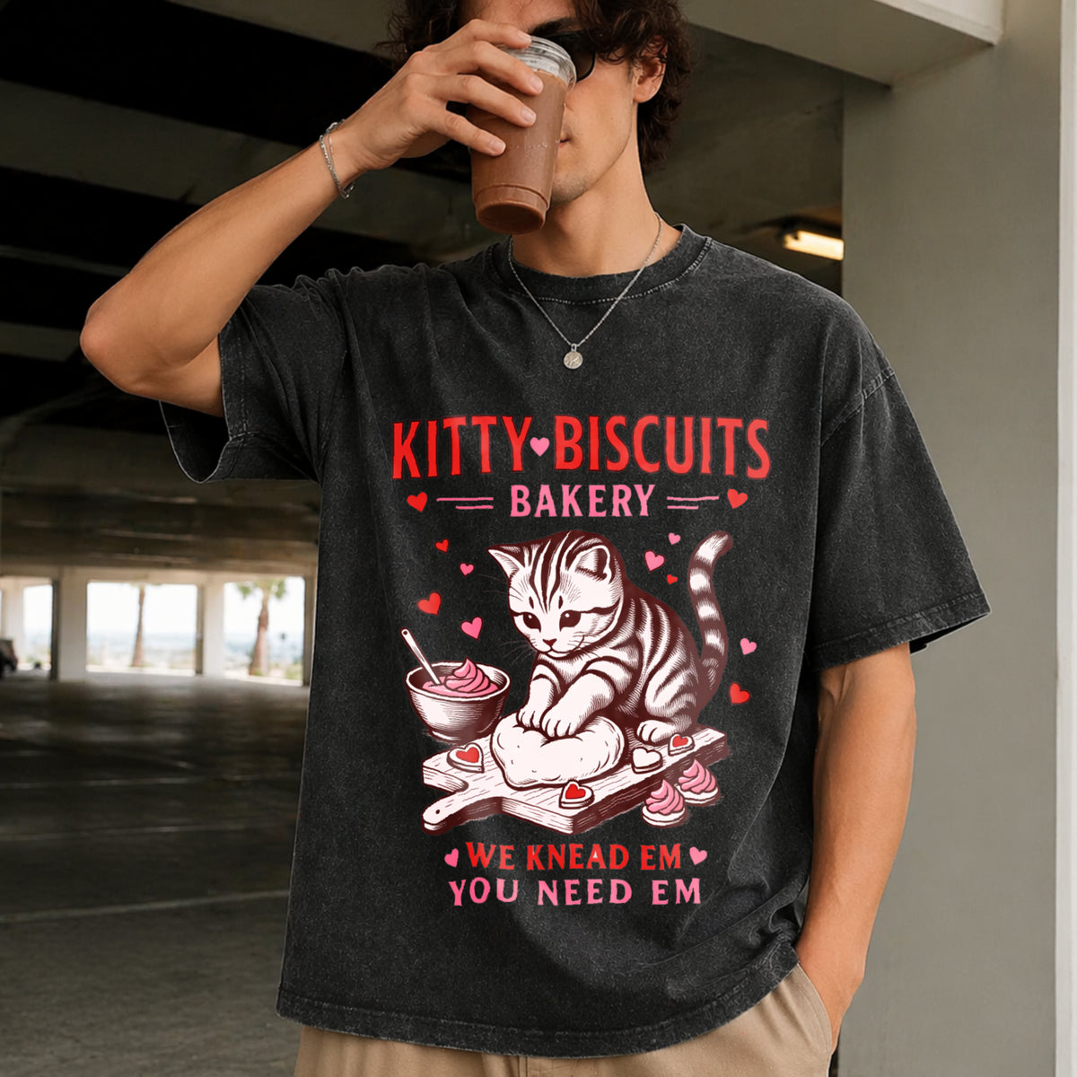 Valentines Cat Kitty Biscuits Bakery Vday Cat Lover Vintage Washed T-Shirt in Black