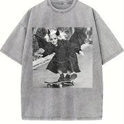 Bat Girl Skateboarding Vintage Washed T-Shirt in Gray