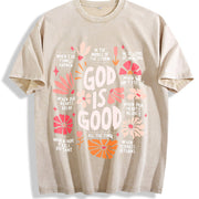 God Is Good All the Time Christian with Floral& Faith Vintage Washed T-Shirt in Beige