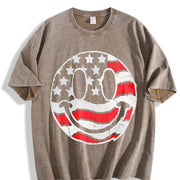 American Flag Smile Fourth of July Vintage Washed T-Shirt in Brown