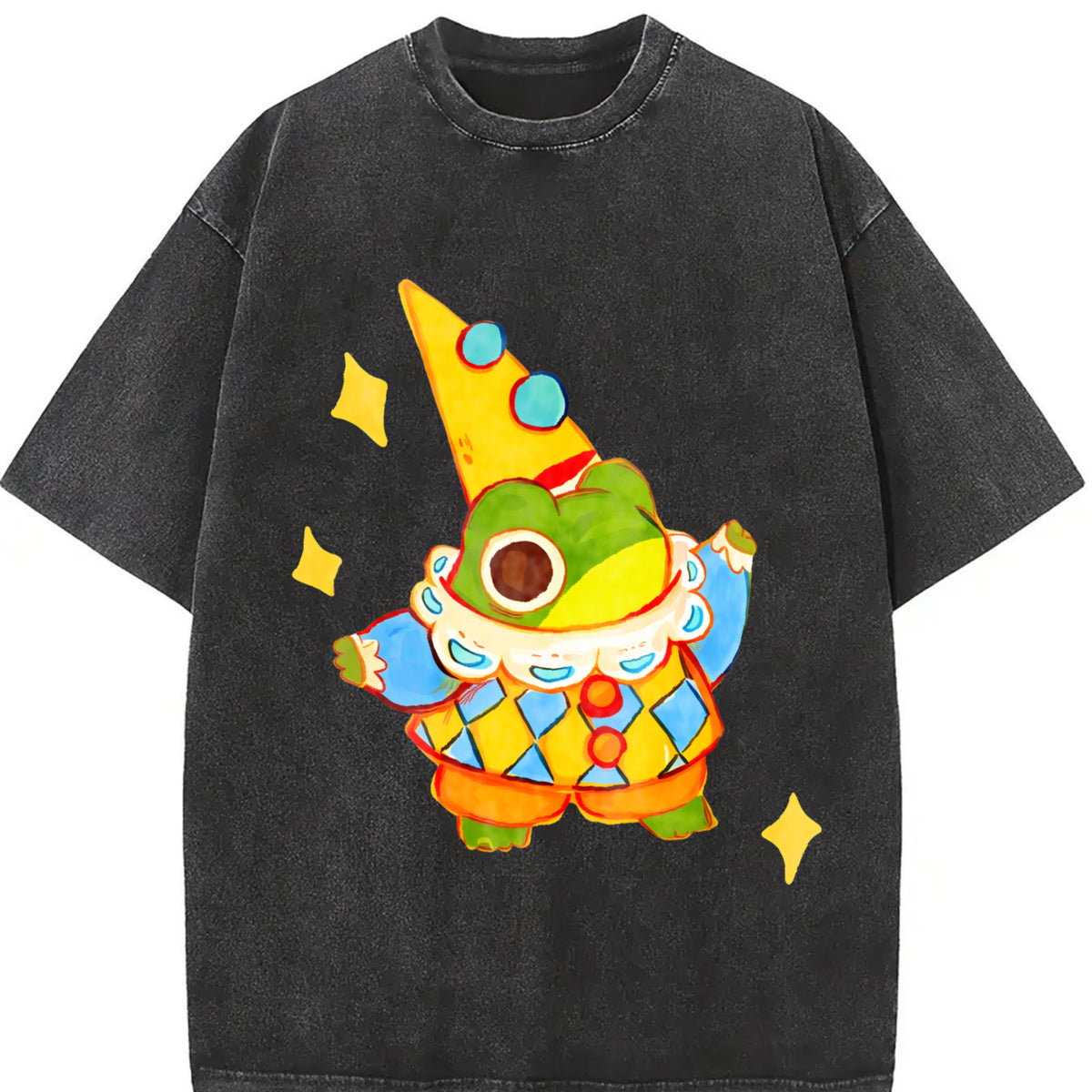 Clown Frog Wizard Distressed Vintage Washed T-Shirt in Black