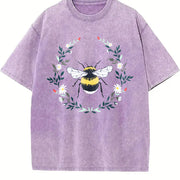 Wildflower Bee Embroidered Vintage Washed T-Shirt in Purple