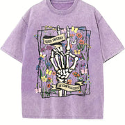 Good Energy Is Contagious Floral Skeleton vintage washed oversized T-shirt in Purple