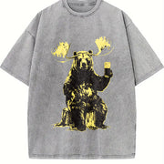 Retro Bear Moose Drinking Beer 90s Vintage Washed T-Shirt in Gray