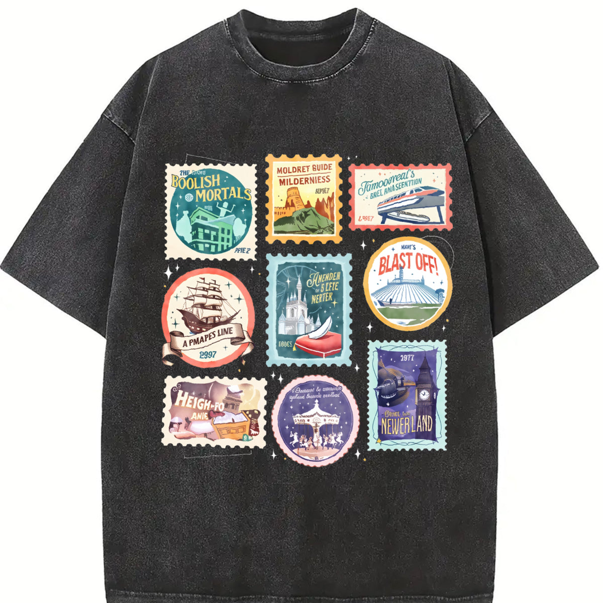 Theme Park Stamps Wildest Ride Happy Ever After Land Retro Vintage Washed T-Shirt in Black