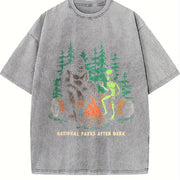 National Parks After Dark Sarcastic Bigfoot Alien Novelty Vintage Washed T-Shirt in Gray