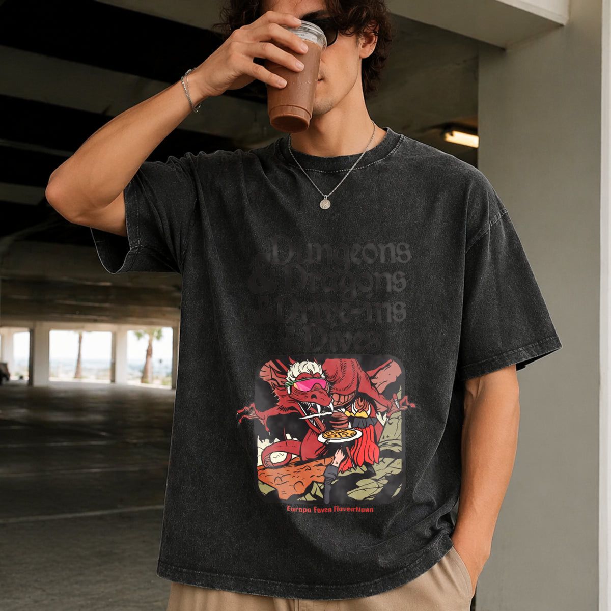 Dungeons and Dragons and Drive Ins and Dives Vintage Washed T-Shirt in Black