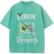 Halloween Vibin with My Demons Vintage Washed T-Shirt in Blue