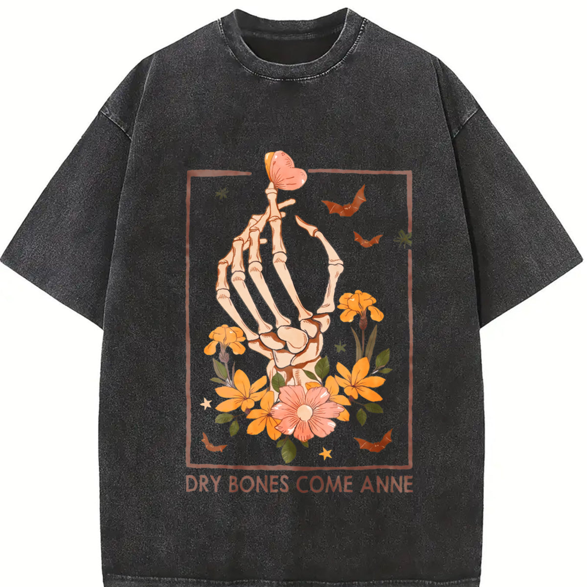 Y2K a Skeleton Hand Grasping a Heart and Flowers Vintage Washed T-Shirt in Black