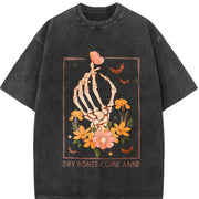 Y2K a Skeleton Hand Grasping a Heart and Flowers Vintage Washed T-Shirt in Black