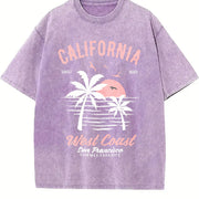 California Surf Beach with Palm Trees & Retro Vintage Washed T-Shirt in Purple