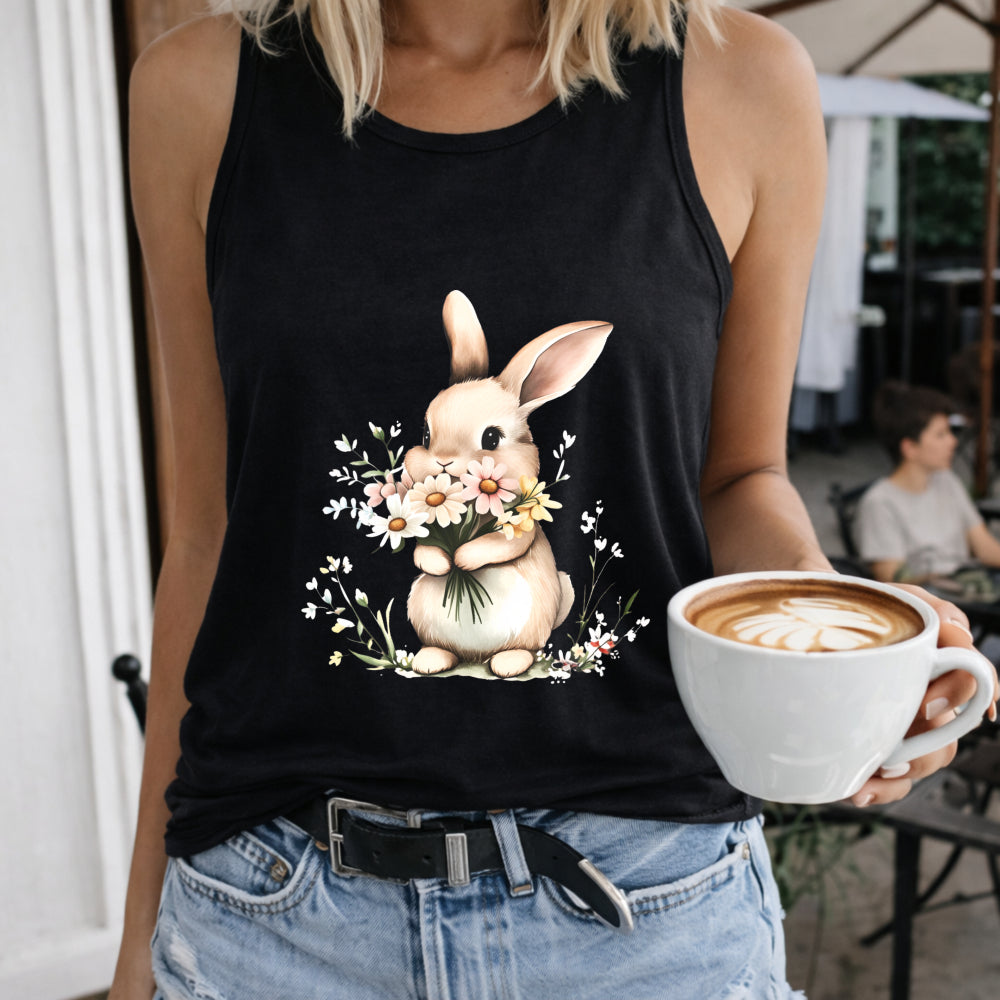 Easter Bunny Tank Sleeveless Women's Color Cotton Tank Top in Black