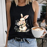 Cute Bunny Holding Flowers Crew-neck Sleeveless Vest Women's Color Cotton Tank Top in Black