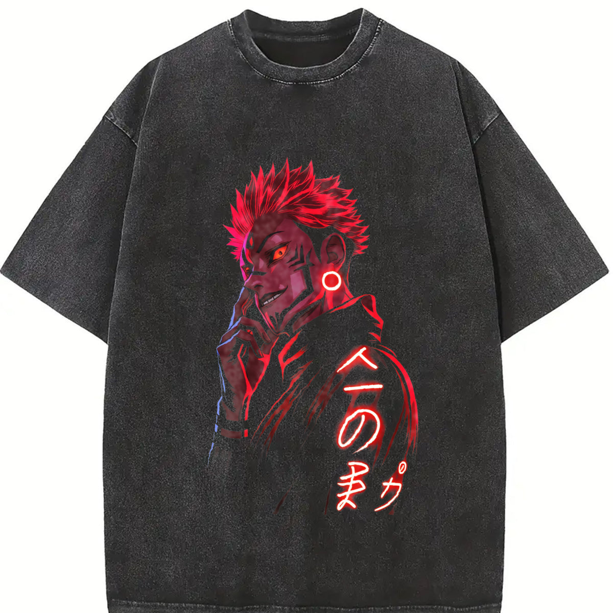 Ryomen Sukuna Jujutsu Kaisen Heavy Neon Red Anime vintage washed oversized T-shirt in Black