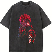 Ryomen Sukuna Jujutsu Kaisen Heavy Neon Red Anime vintage washed oversized T-shirt in Black