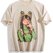 Tsuyu Asui My Hero Academia Anime Manga vintage washed oversized T-shirt in Beige
