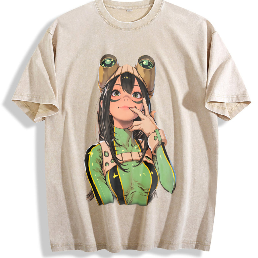 Tsuyu Asui My Hero Academia Anime Manga vintage washed oversized T-shirt in Beige