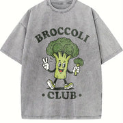 Broccoli Club Veggie Lover Retro Cartoon Vintage Washed T-Shirt in Gray