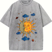Retro Sun Moon Celestial Vintage Washed T-Shirt in Gray