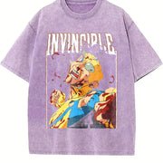 With Dark 'Invincible Comic Character And Text INVINCIBLE' vintage washed oversized T-shirt in Purple