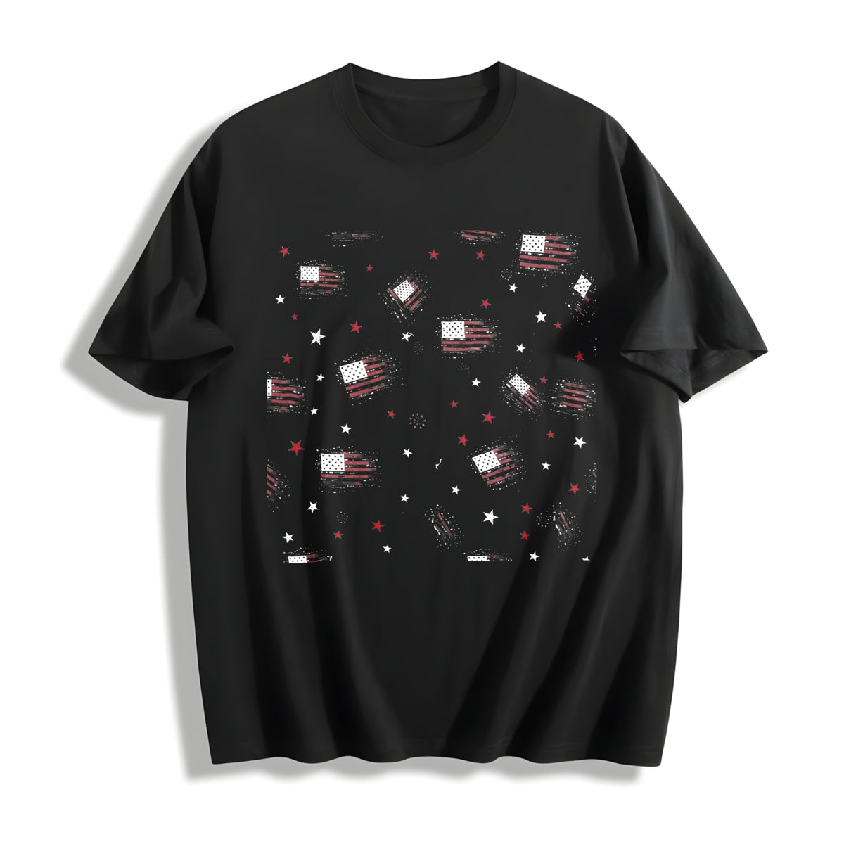 Retro American Flag Blouse Cotton T-Shirt in Black