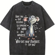 Mouse Quote Animal Sublimation Who Ties Your Shoelaces vintage washed oversized T-shirt in Black